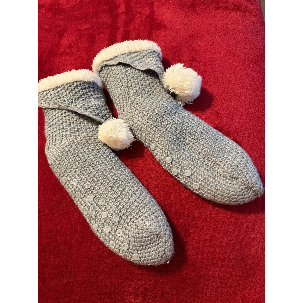 Tasmania Knit Slipper Socks Gray Faux Fur‎ Lined Pom Pom Non-Slip Gripper Soles